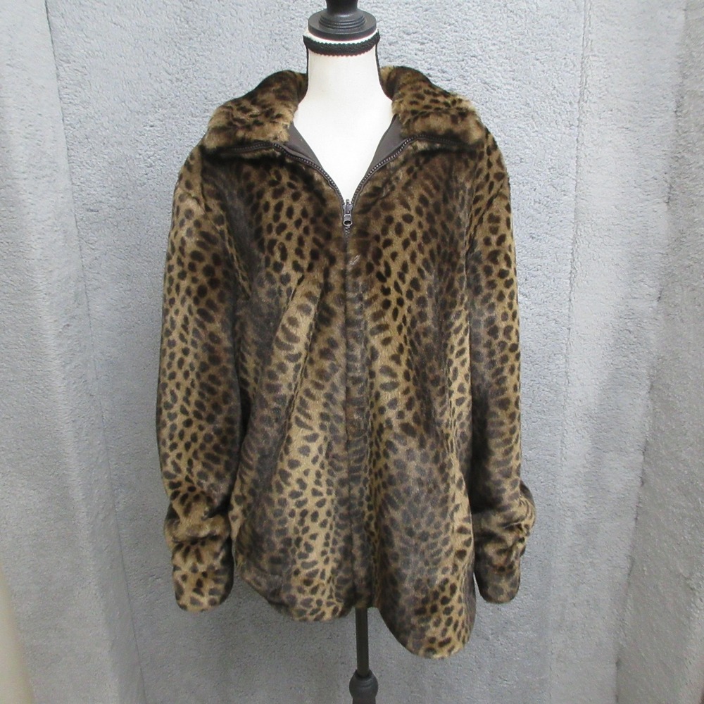 Leopard Print Faux Fur Coat Womens XL Brown Zip Front Indie Sleaze Glam Y2K